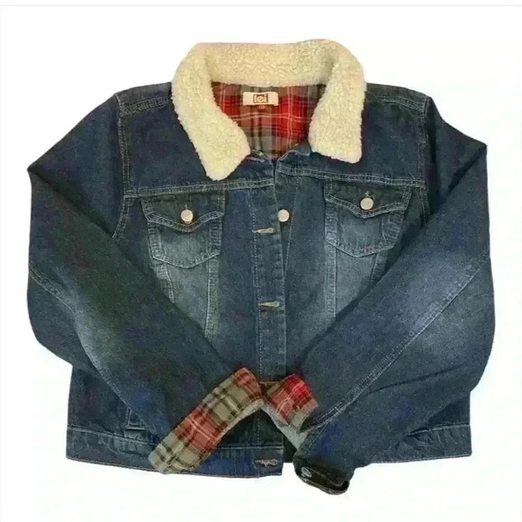 LEI Jackets & Blazers - LEI Women's Denim Jacket M Blue Sherpa Collar Plaid Lining Casual